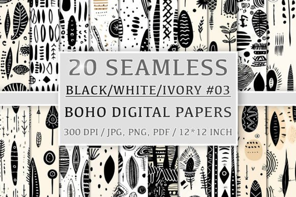 Download 20 Seamless Black White Ivory Boho Set 3 - Premium Resources