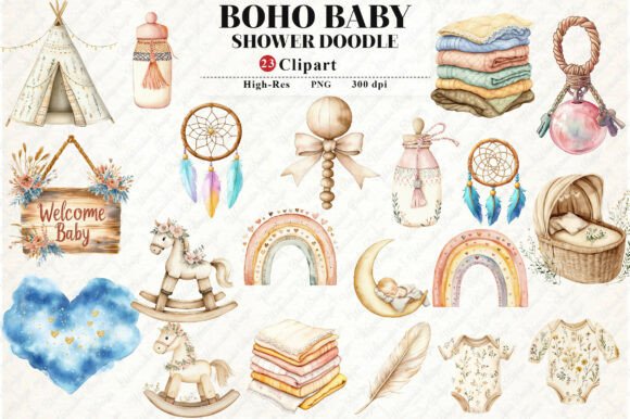 Download Neutral Boho Baby Shower Doodle Clipart - Doodle Collection