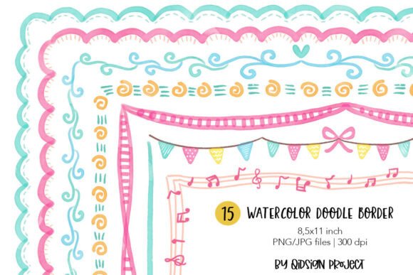 Download 15 Watercolor Doodle Border PNG JPG – Cu - Doodle Collection